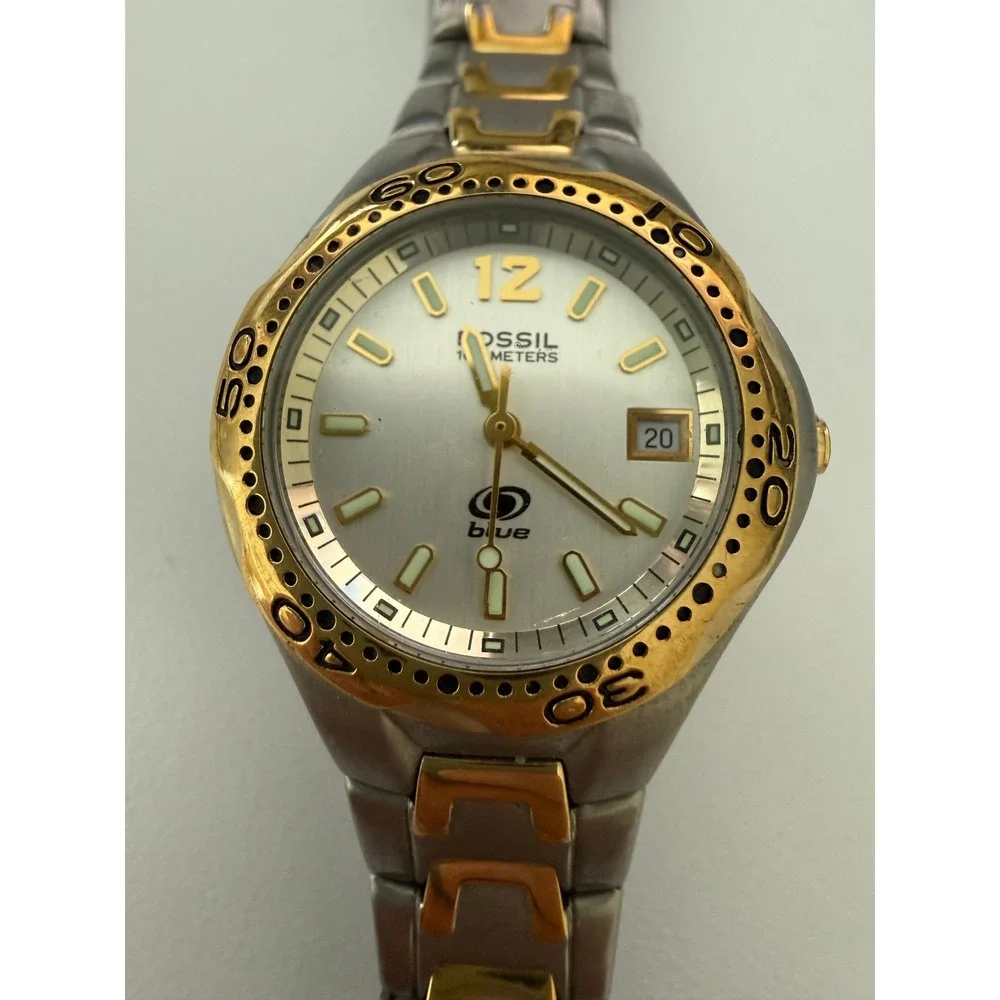 Fossil Blue AM-3425 Two Tone Silver Gold Stainless Steel Watch 100M Water Resist